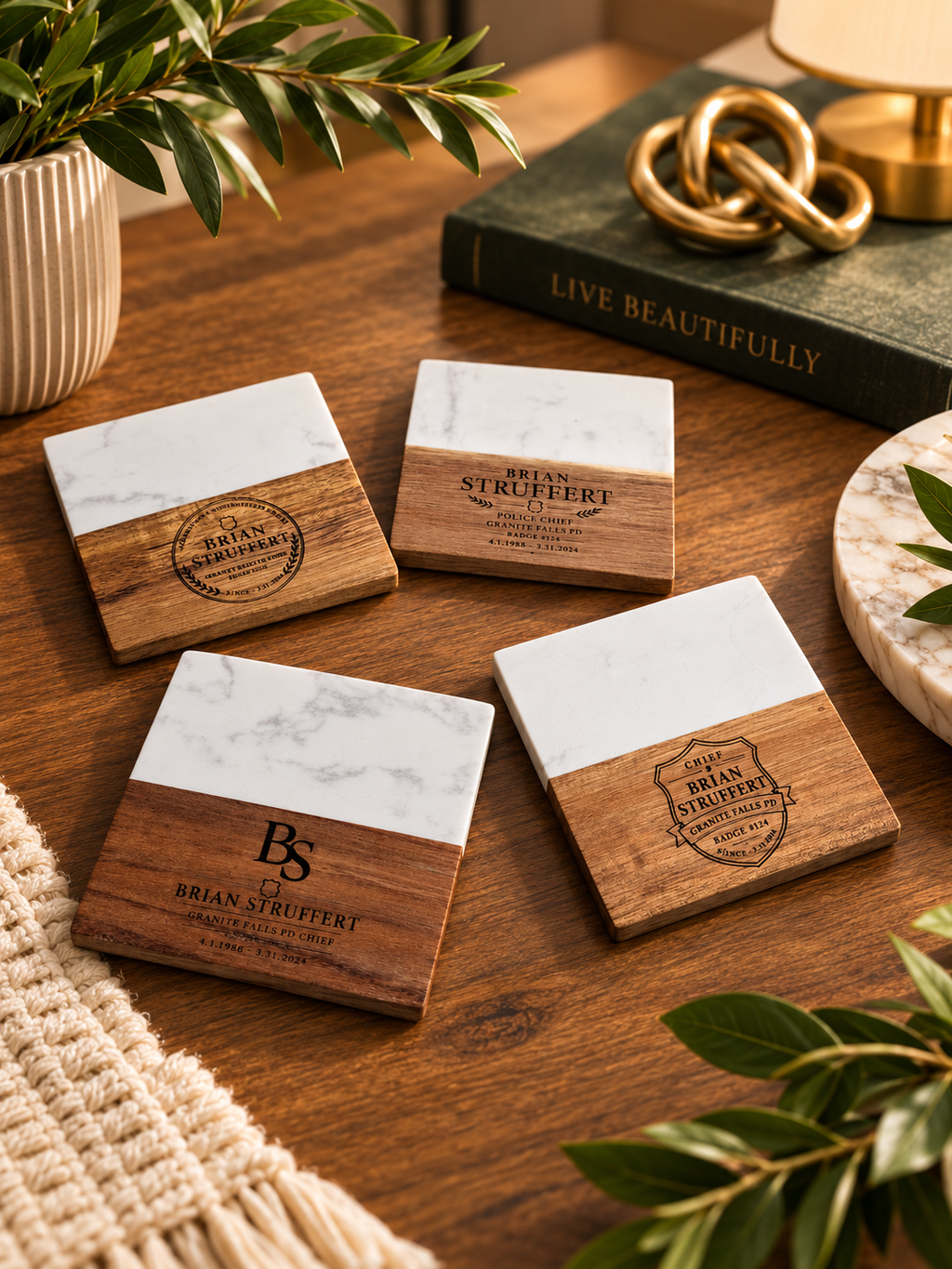 Custom monogram marble coasters with acacia wood display stand