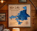 Bitter Lake South Dakota layered wood depth map with engraved lake stats and compass rose, framed on a cabin wall