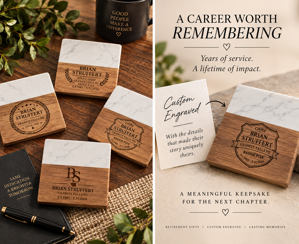 Marble and acacia wood coasters in a gift-ready box