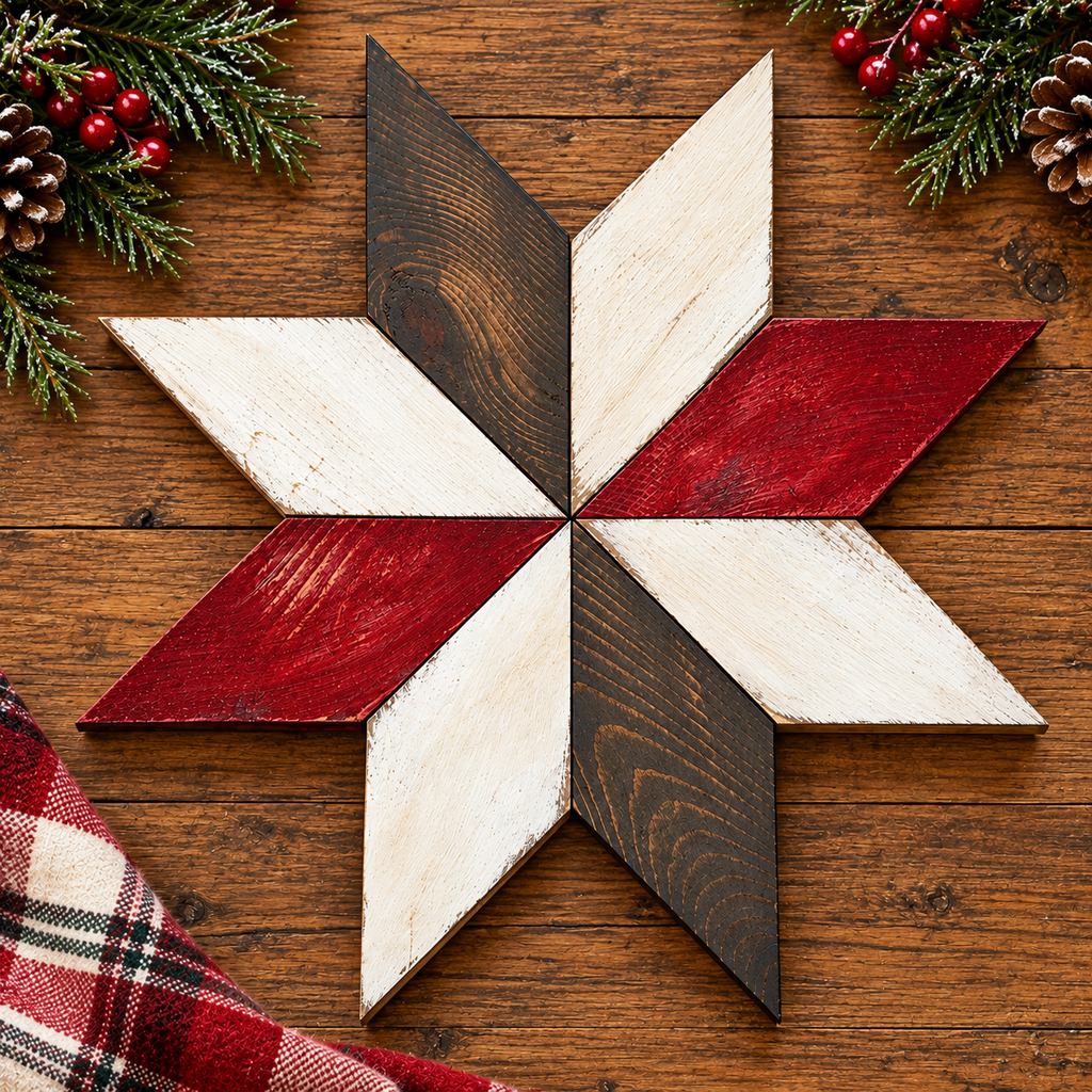 a wood star with pine cones and pinecones