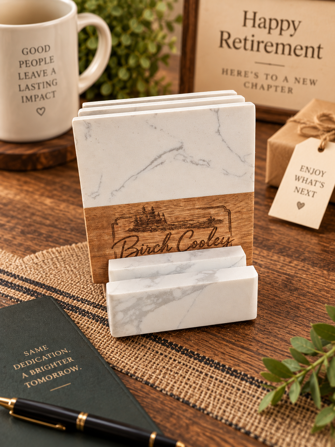 Personalized marble and acacia wood coaster set with matching display stand