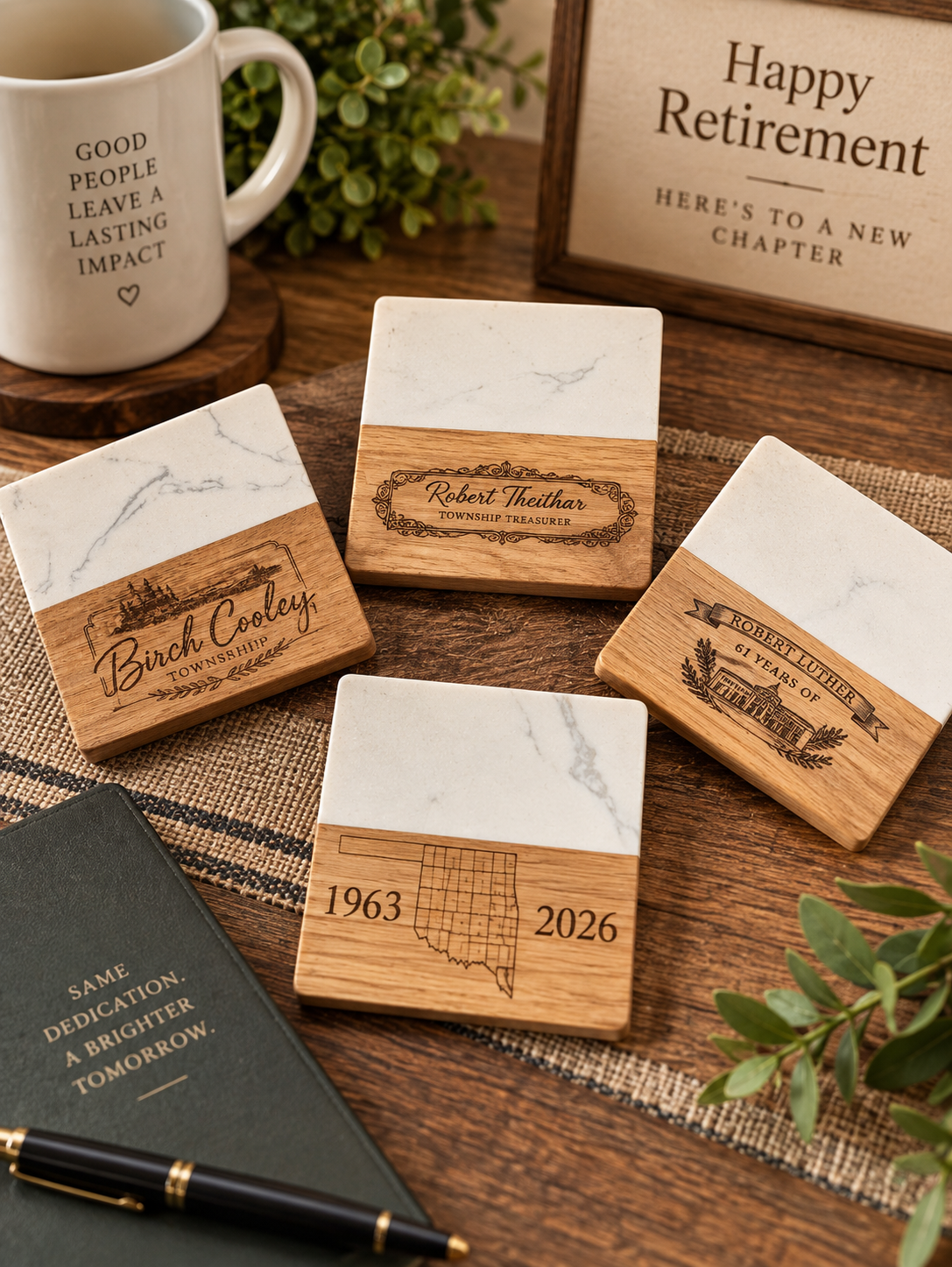 Engraved marble coaster with family name, part of a custom coaster set