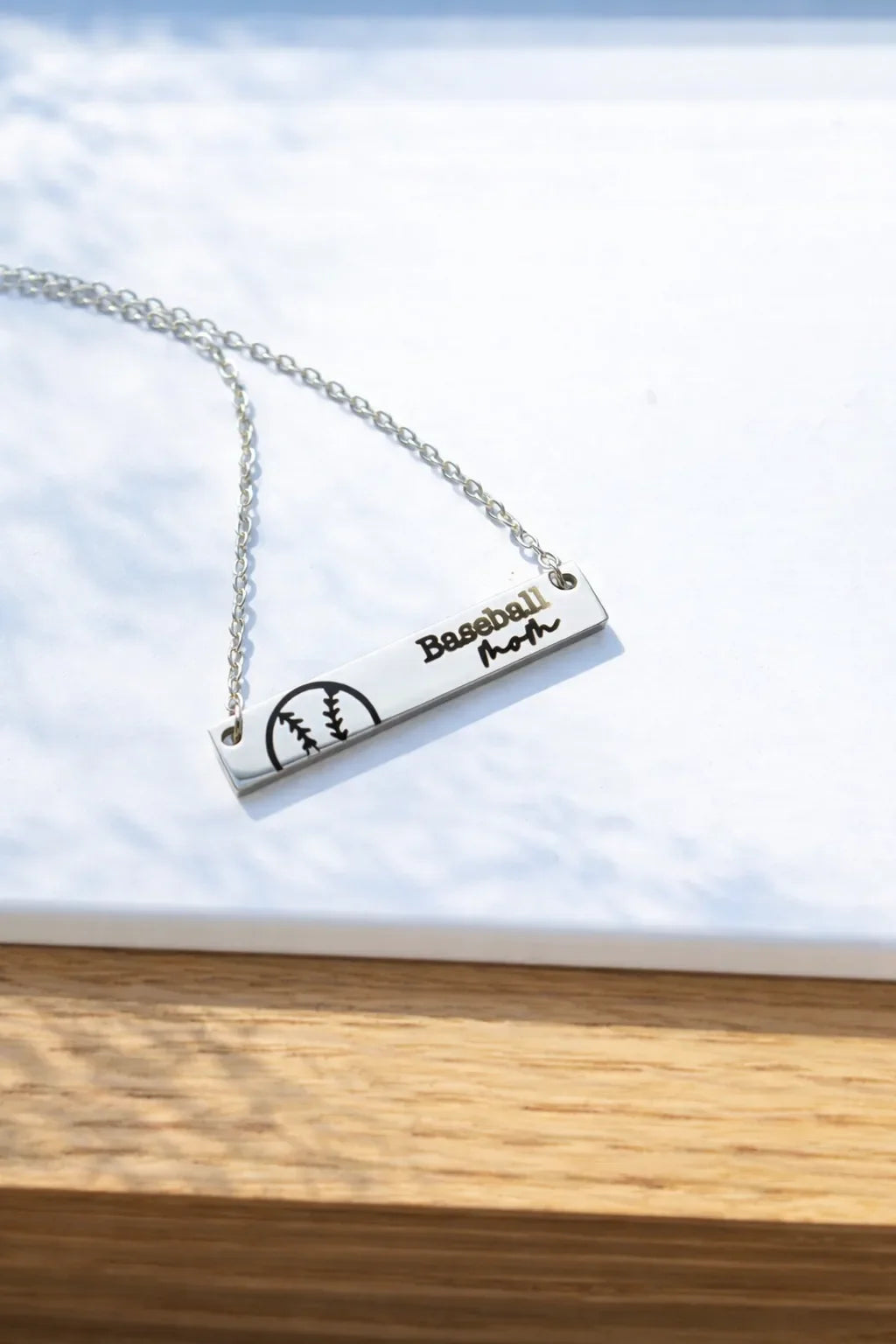 Silver bar necklace engraved Baseball Mom with baseball detail