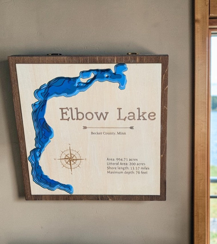 Elbow Lake layered wood map with blue depth contours