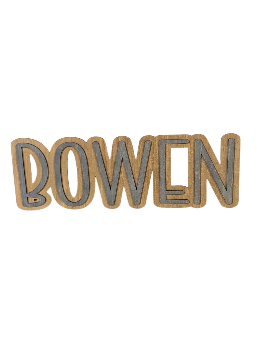 Custom laser-cut wooden name sign reading Bowen