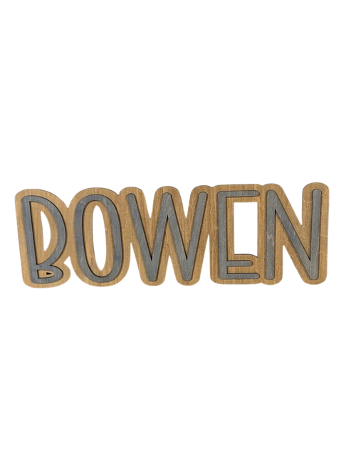 Custom laser-cut wooden name sign reading Bowen