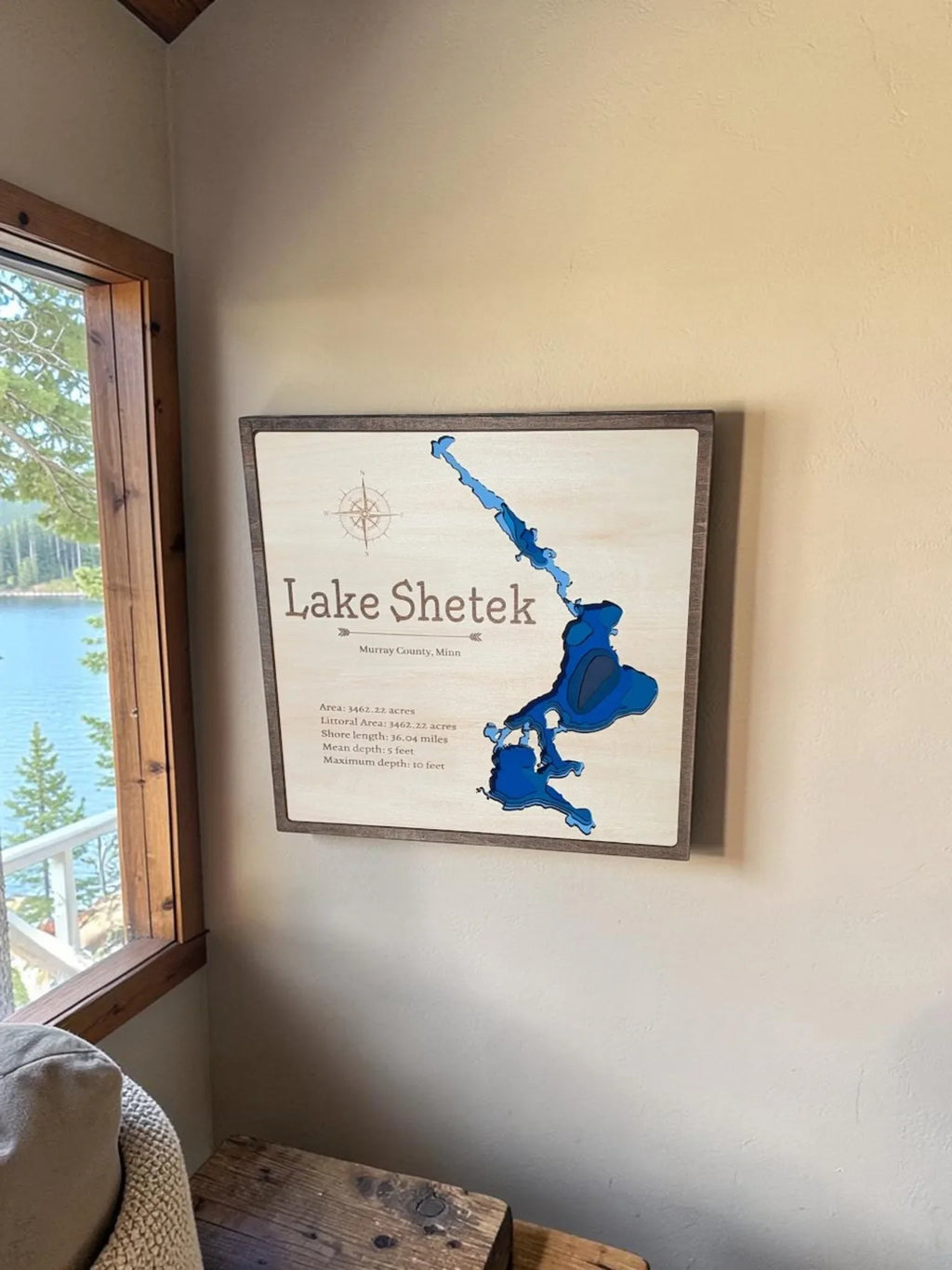 Custom Lake Shetek layered depth map beside a lake view window