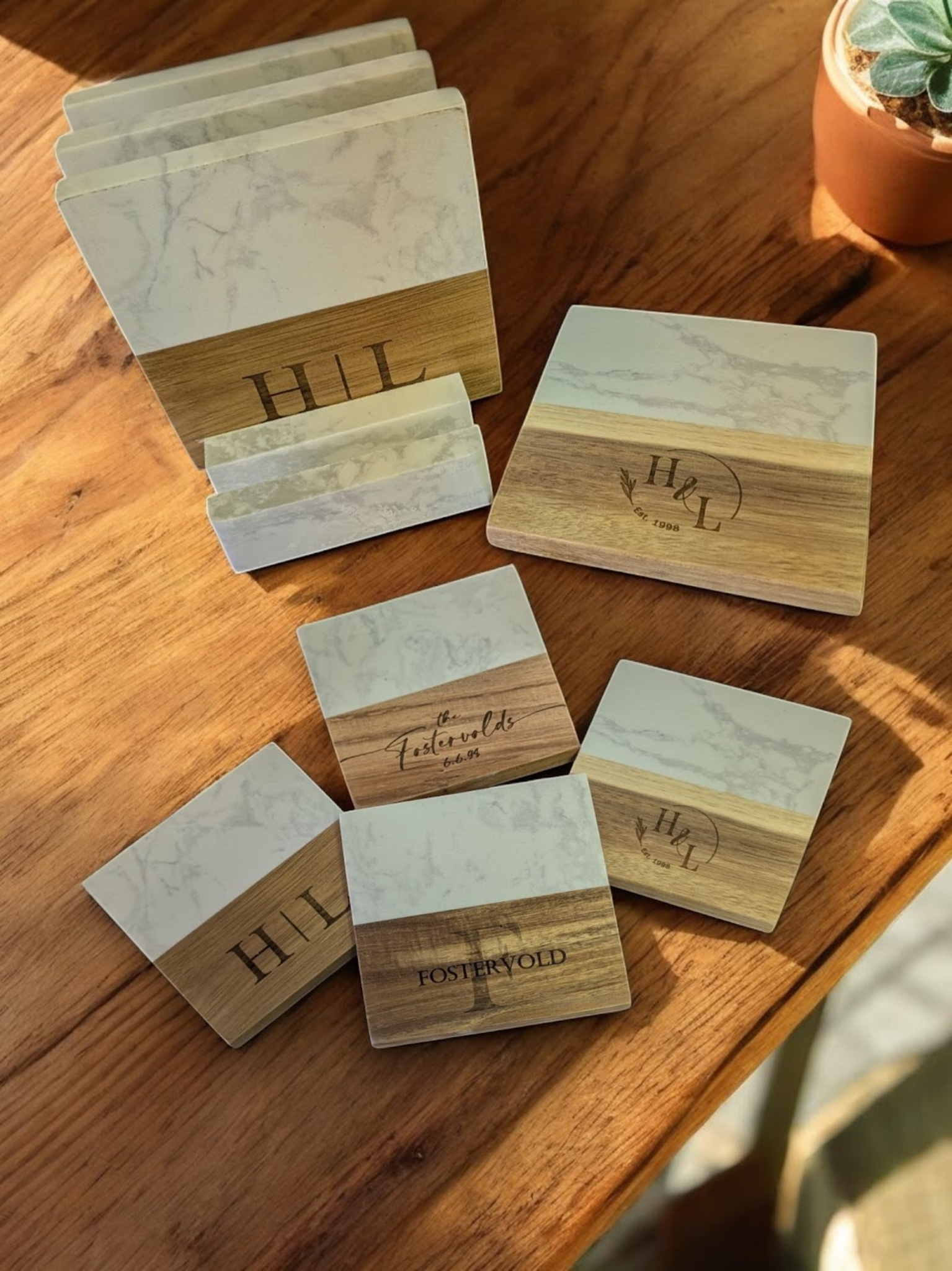 Marble & Acacia Wood Coaster Set