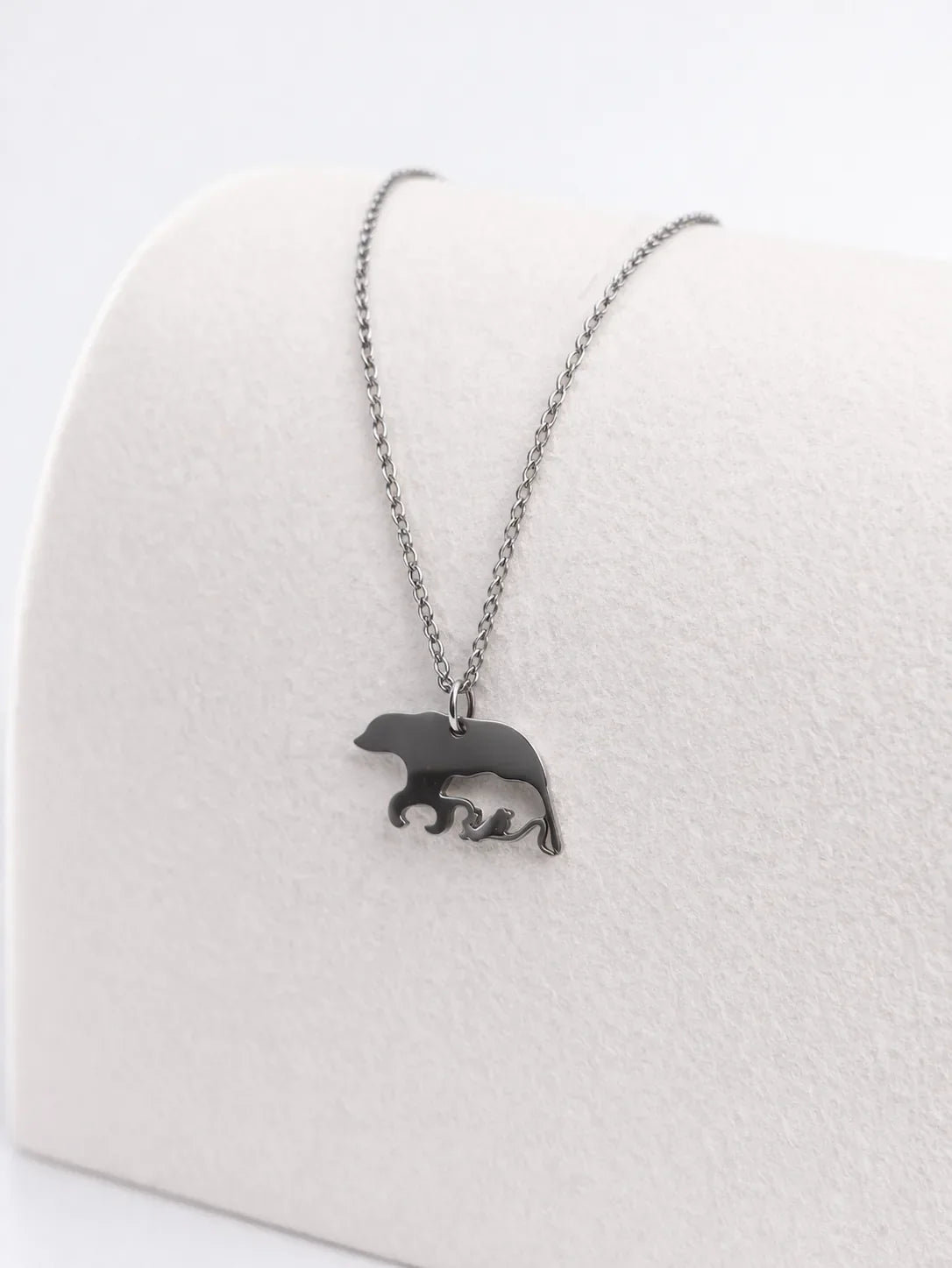 Silver mama bear necklace with bear cub silhouette