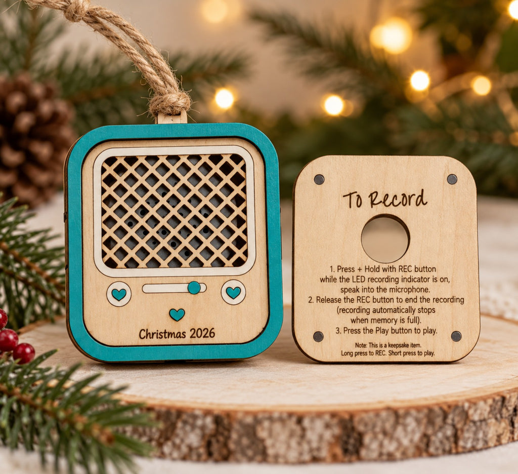 a wooden ornament with a blue and white radio on a wood surface