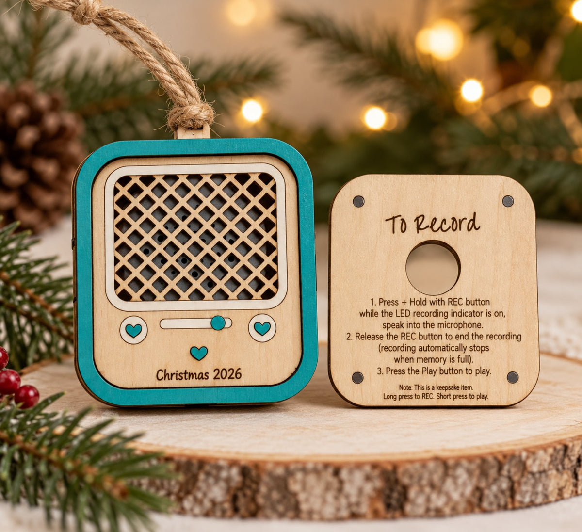 a wooden ornament with a blue and white radio on a wood surface