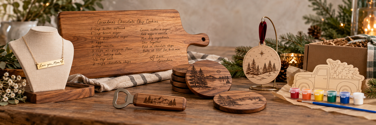 a wooden coasters and a cutting board