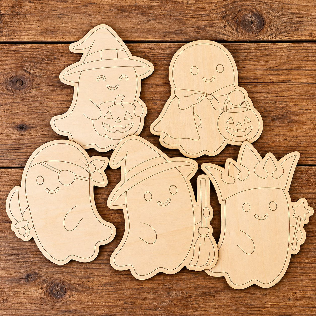 a group of wooden cutouts with cartoon characters