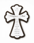 Engraved name style — white wood cross on a dark wood base, engraved with the child's name, baptism date, and Psalm 139