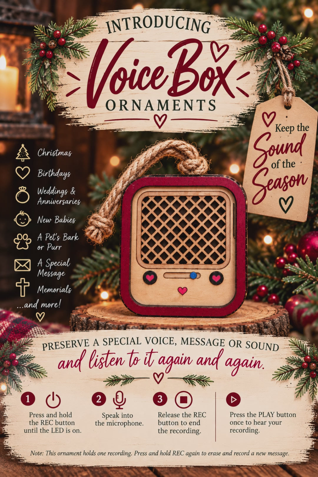 Personalized Voice Box Ornament | Record a Voice Message Keepsake