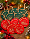 a group of round ornaments with pine cones and lights