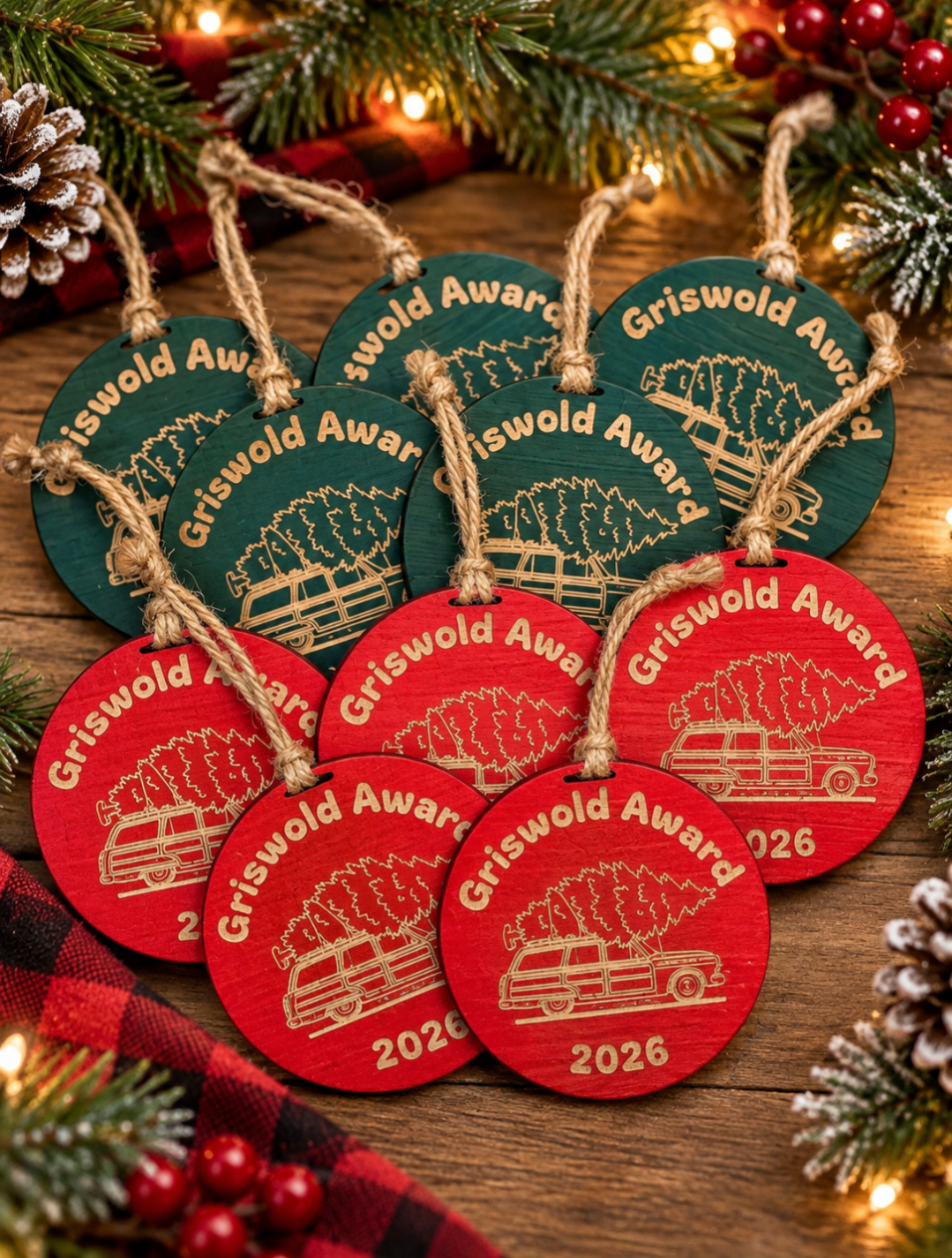 a group of round ornaments with pine cones and lights
