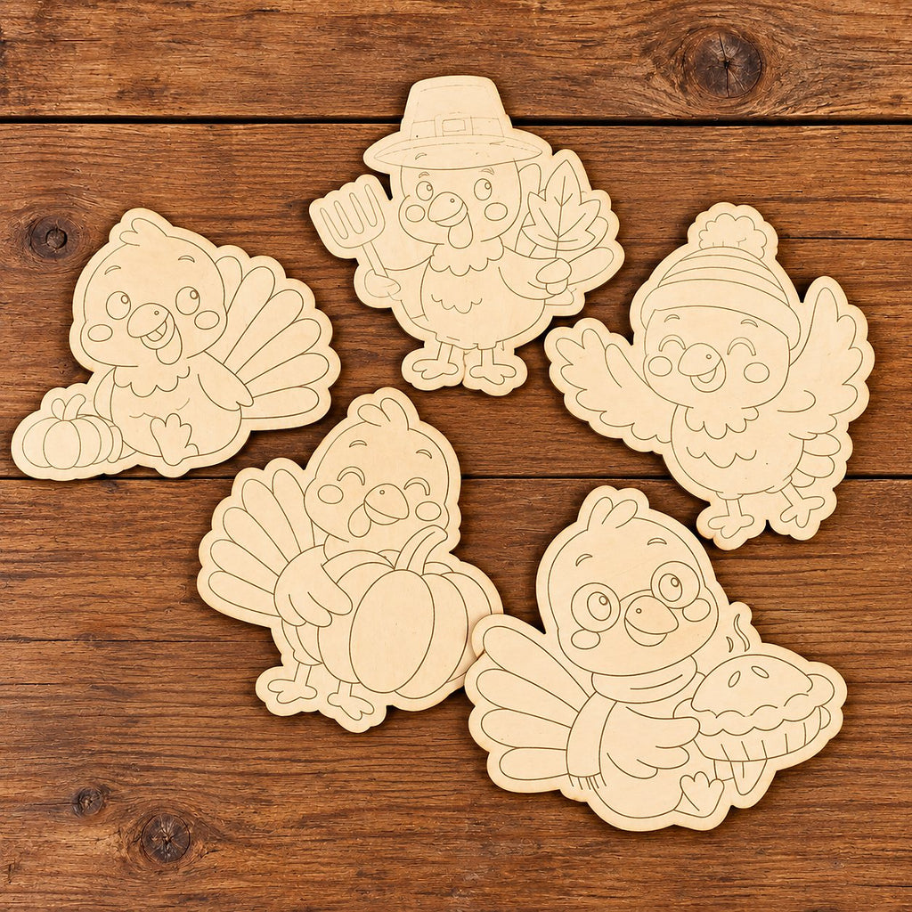 a group of wooden birds on a wood surface